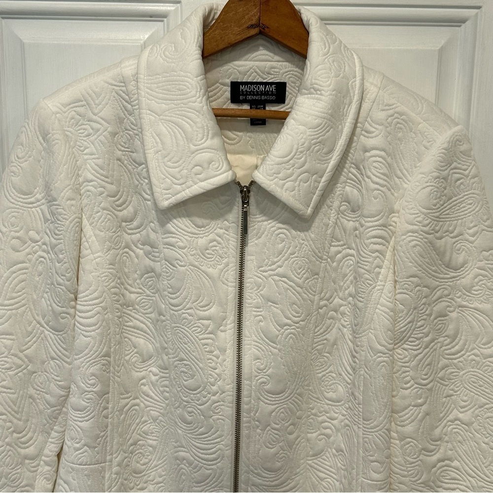 Dennis Basso Ivory Quilted Jacquard Knit Zip-front Jacket Lace Cuffs, Size 20W - Picture 2 of 8